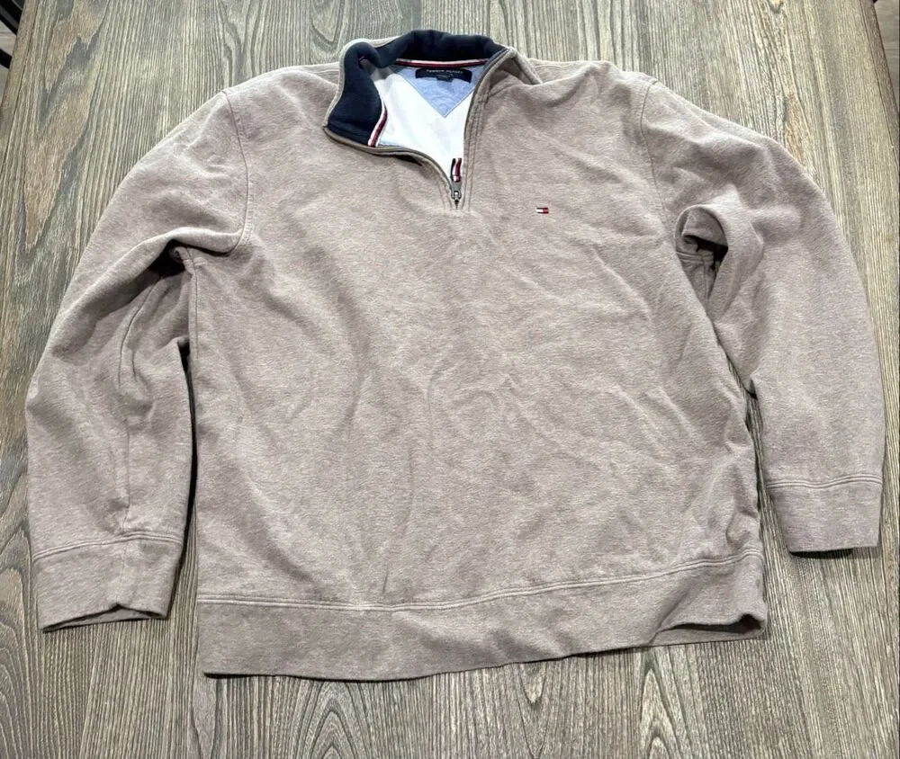 Tommy Hilfiger Men's Half Zip Logo Mock Neck Pullover Sweater Taupe Size XS